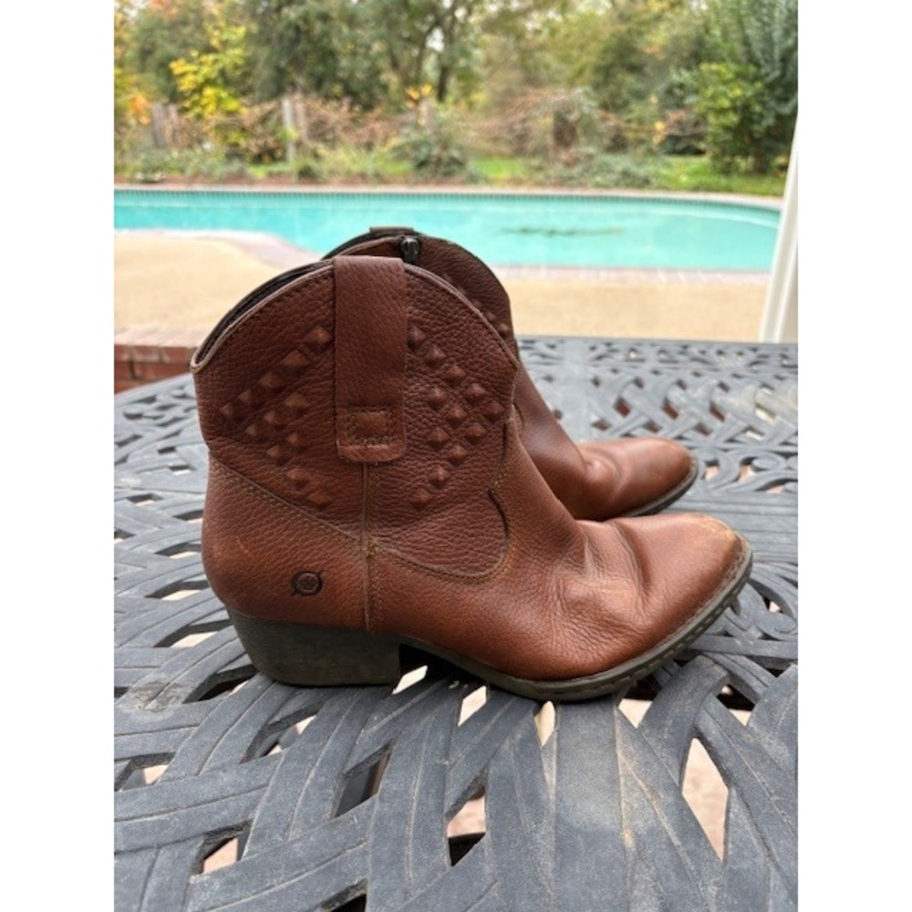 Born Womens Brown Leather Studded Ankle Boots Side Zip Block Heel - Picture 4 of 9